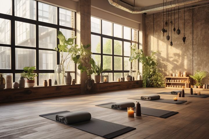 supported legs up the wall pose in a yoga studio