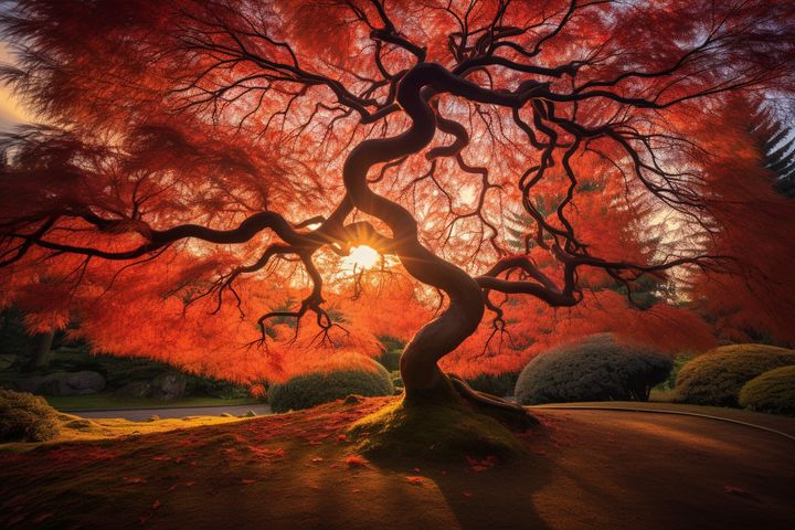 tree pose at golden hour in the japanese maple tree garden