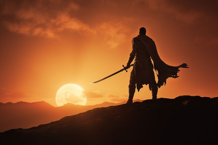 virabhadra warrior at sunset